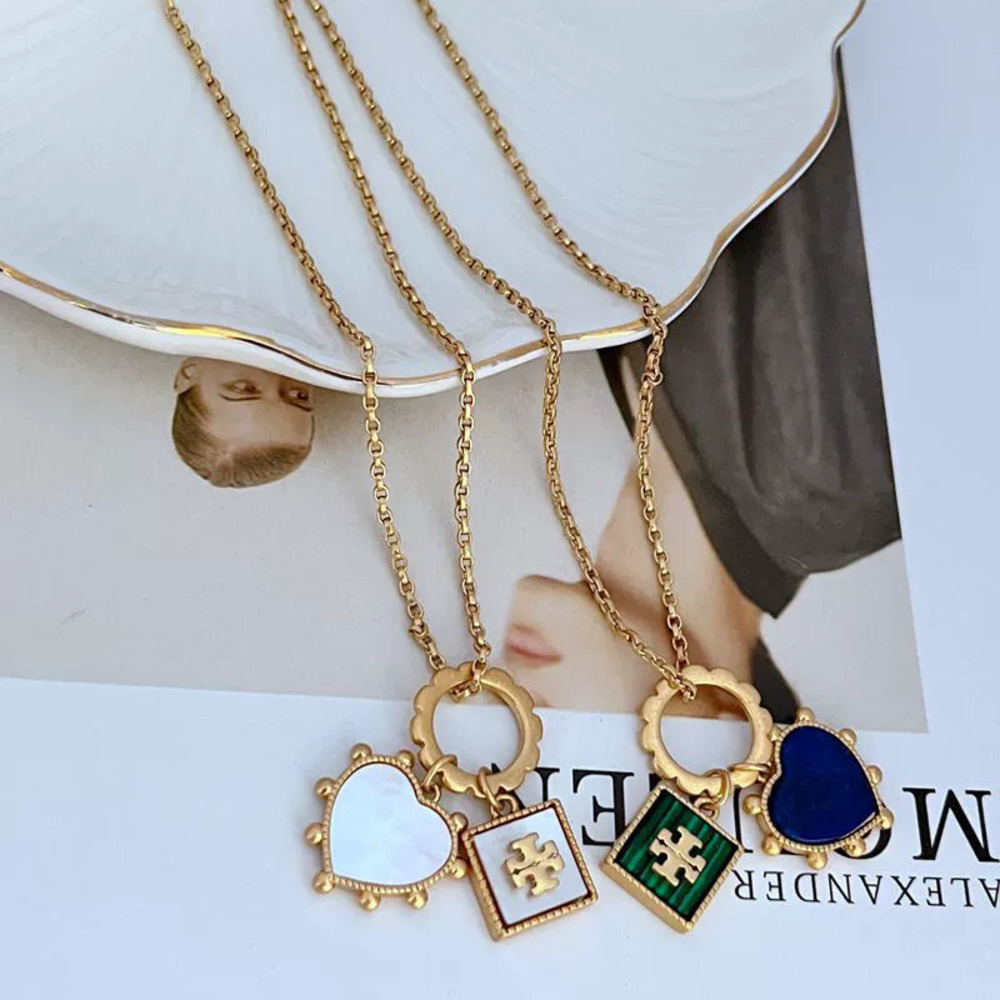 Tory Burch Natural Stone Metal Creative Heart Square Pendant Necklace